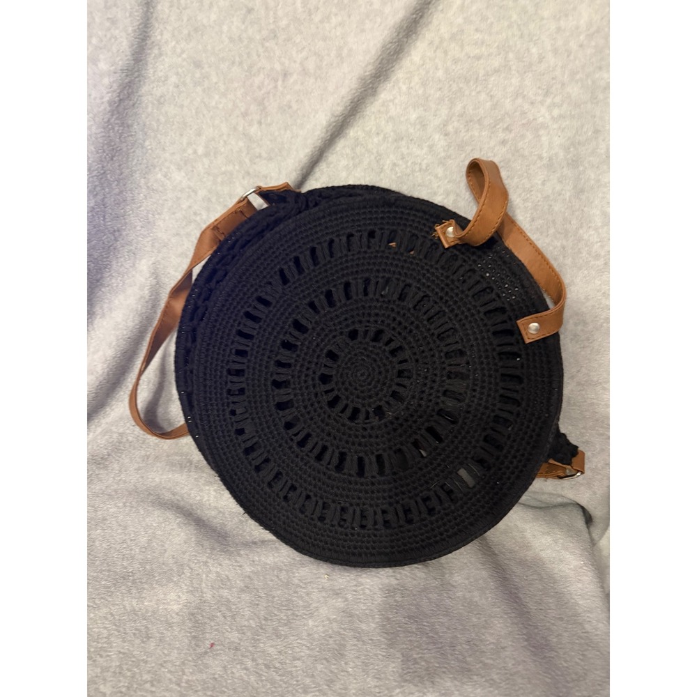 Falls Creek Black Crochet Round Crossbody Bag Tan Strap Boho Circle Purse 12in